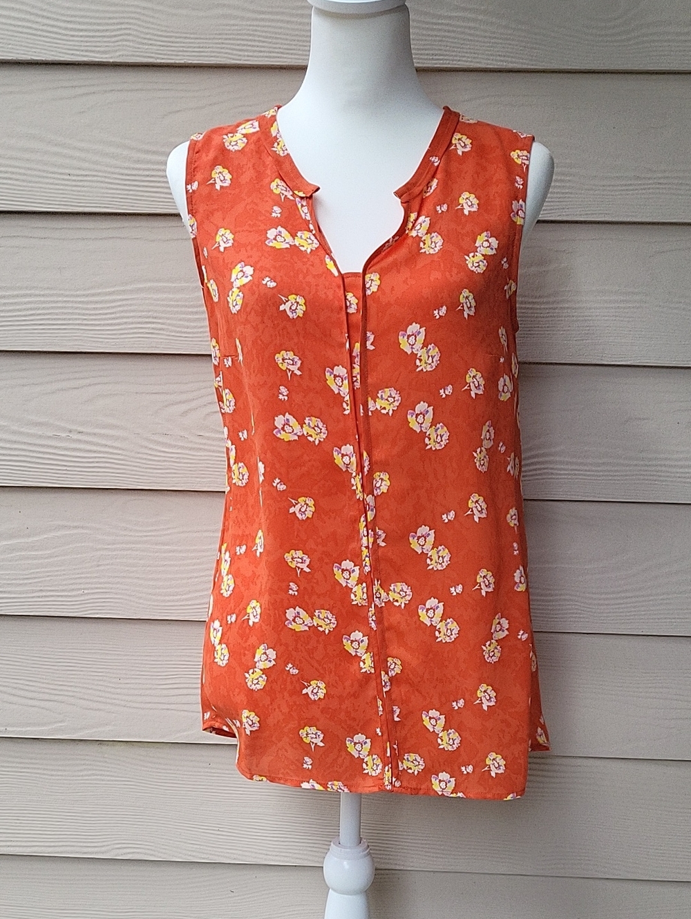Cabi Orange Floral Sleeveless Blouse Small Split Neck Lightweight Career Top